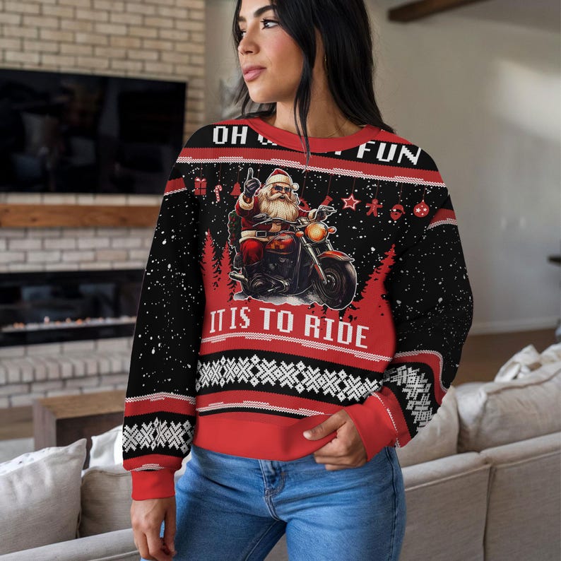 Funny Biker Santa Christmas Ugly Sweater Motorcycle Holiday Gift