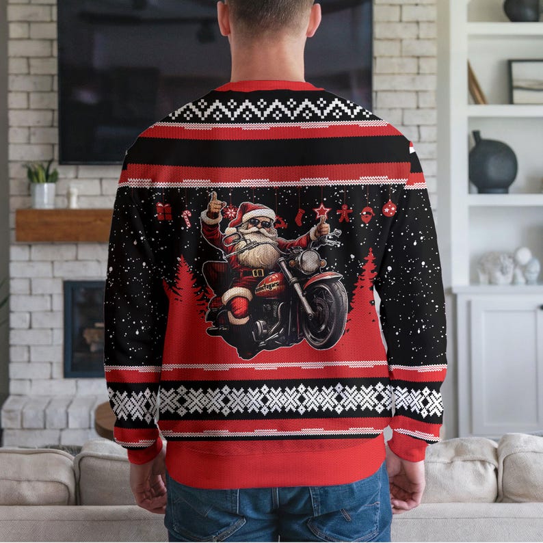 Funny Biker Santa Christmas Ugly Sweater Motorcycle Holiday Gift