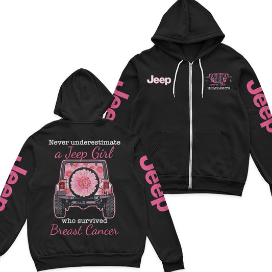 Never Underestimate A Jeep Girl Who Survived Breast Cancer Zip Hoodie Supler Store