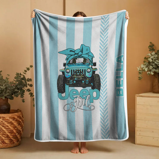 Personalized Multicolor Jeep Girl Tire Tracks Sherpa Blanket