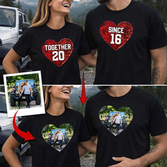 Personalized Reversible Sequin Together Since Couples Matching Black T-Shirts